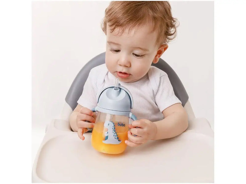 Copo Com Canudo Alça e Válvula Anti-Cólica Infantil Bebê Dino Canudo de Silicone Buba- Azul