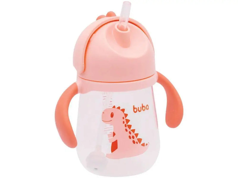 Copo Com Canudo Alça e Válvula Anti-Cólica Infantil Bebê Dino Canudo de Silicone Buba- Rosa