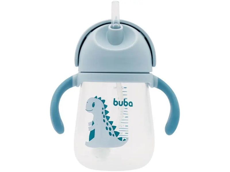 Copo Com Canudo Alça e Válvula Anti-Cólica Infantil Bebê Dino Canudo de Silicone Buba- Azul