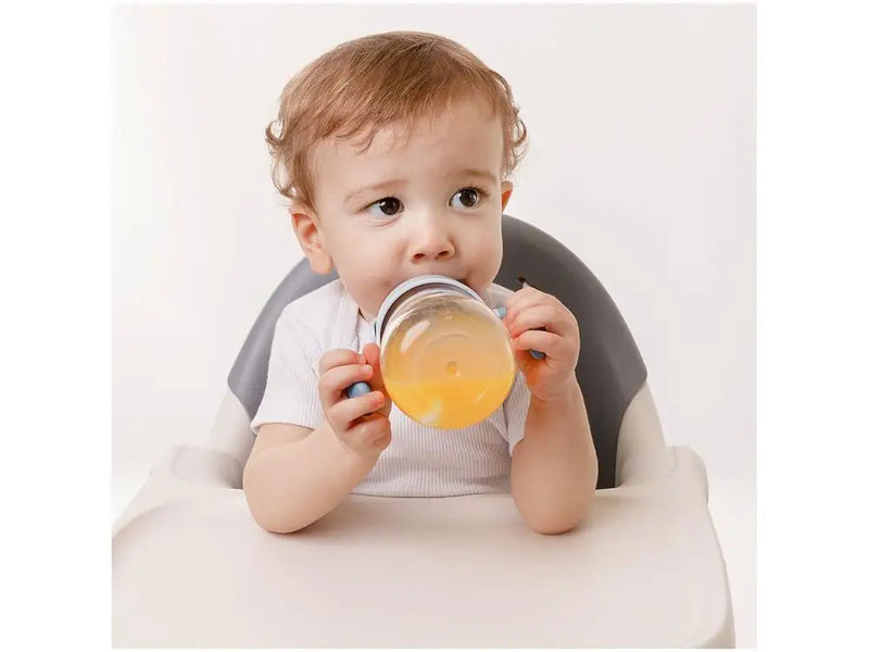 Copo Com Canudo Alça e Válvula Anti-Cólica Infantil Bebê Dino Canudo de Silicone Buba- Azul