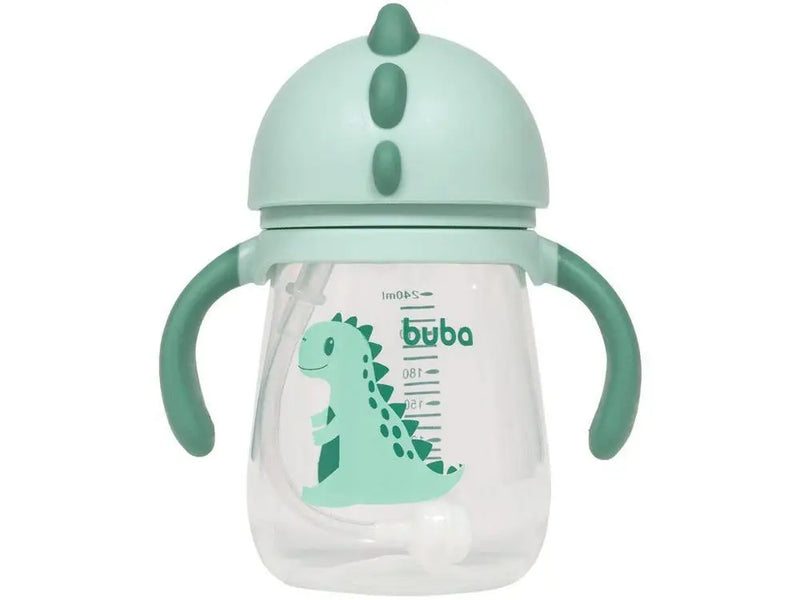 Copo Com Canudo Alça e Válvula Anti-Cólica Infantil Bebê Dino Canudo de Silicone Buba- Verde
