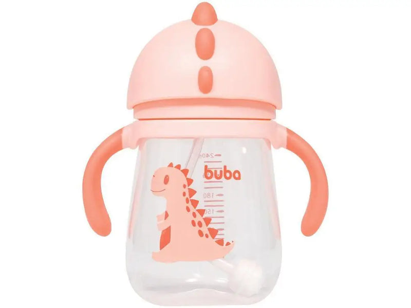 Copo Com Canudo Alça e Válvula Anti-Cólica Infantil Bebê Dino Canudo de Silicone Buba- Rosa