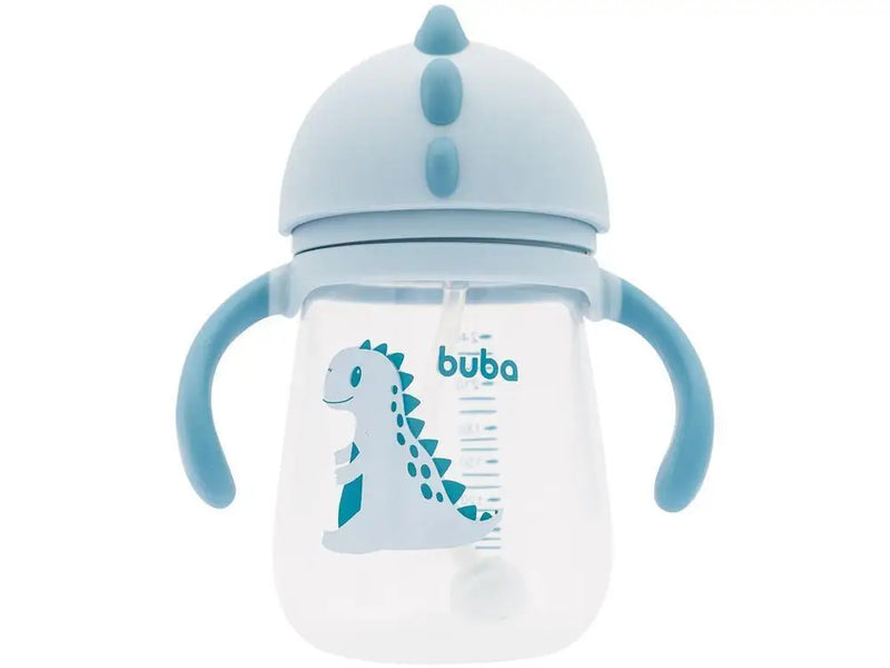 Copo Com Canudo Alça e Válvula Anti-Cólica Infantil Bebê Dino Canudo de Silicone Buba- Azul