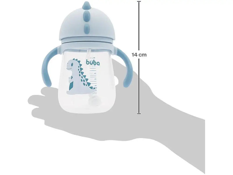 Copo Com Canudo Alça e Válvula Anti-Cólica Infantil Bebê Dino Canudo de Silicone Buba- Azul