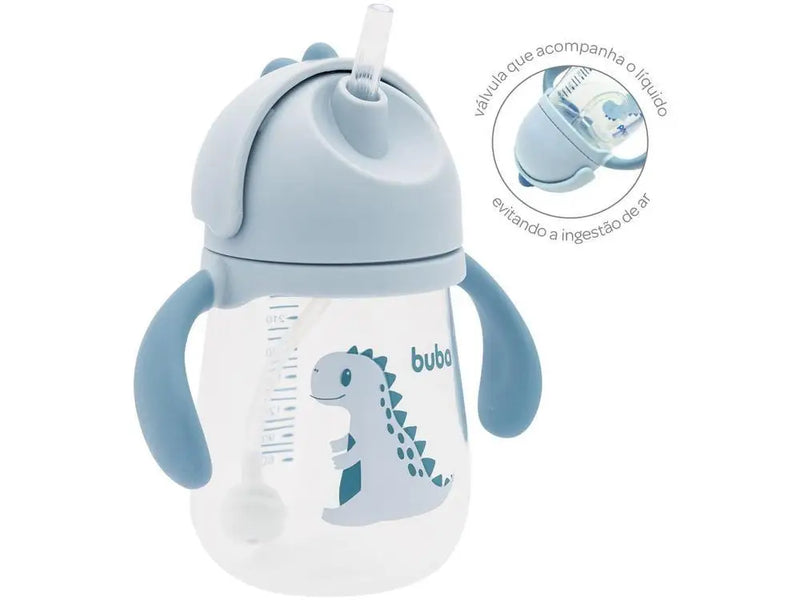 Copo Com Canudo Alça e Válvula Anti-Cólica Infantil Bebê Dino Canudo de Silicone Buba- Azul
